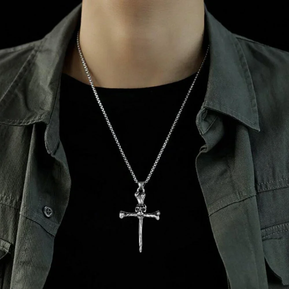 ❤️Style retro cast skull cross Halloween pendant necklace for men,N90201P…